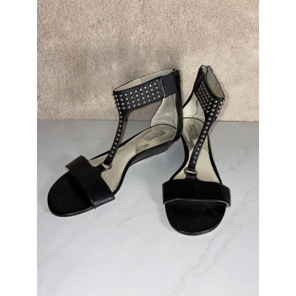 Michael Kors Black Studded T-Strap Wedge Sandals - 8.5 - Leather Edgy Glam Chic